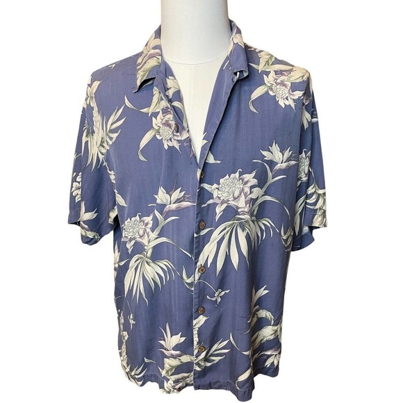 Tommy Bahama Silk Camp Shirt Wood Buttons Blue Floral Men's Size Large Hawaiian - Picture 8 of 9